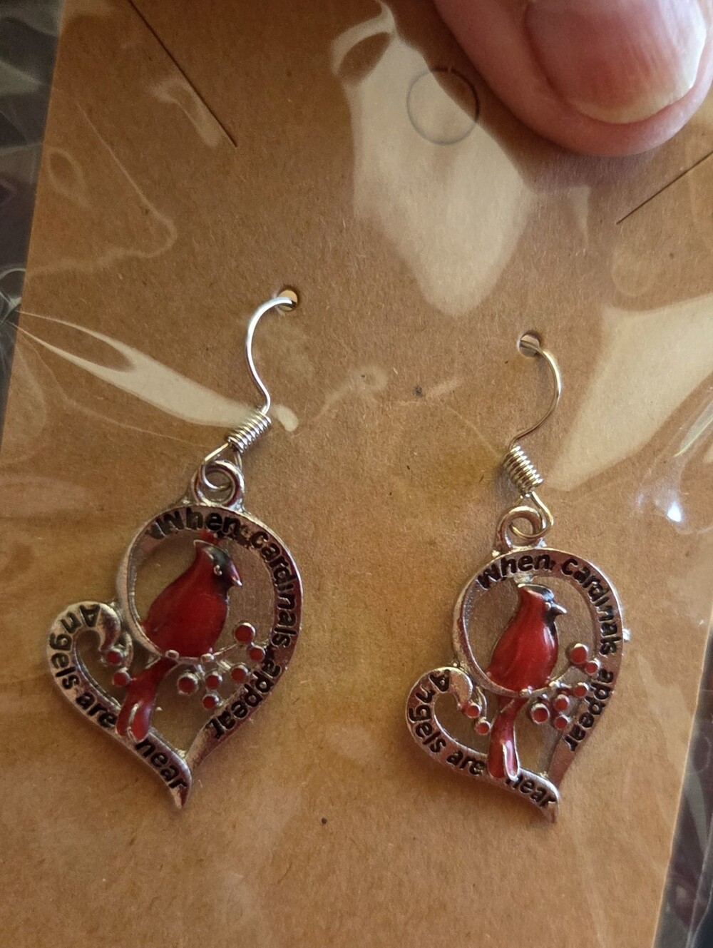 Cardinal Heart Drop Earrings - Red Enamel Bird Design